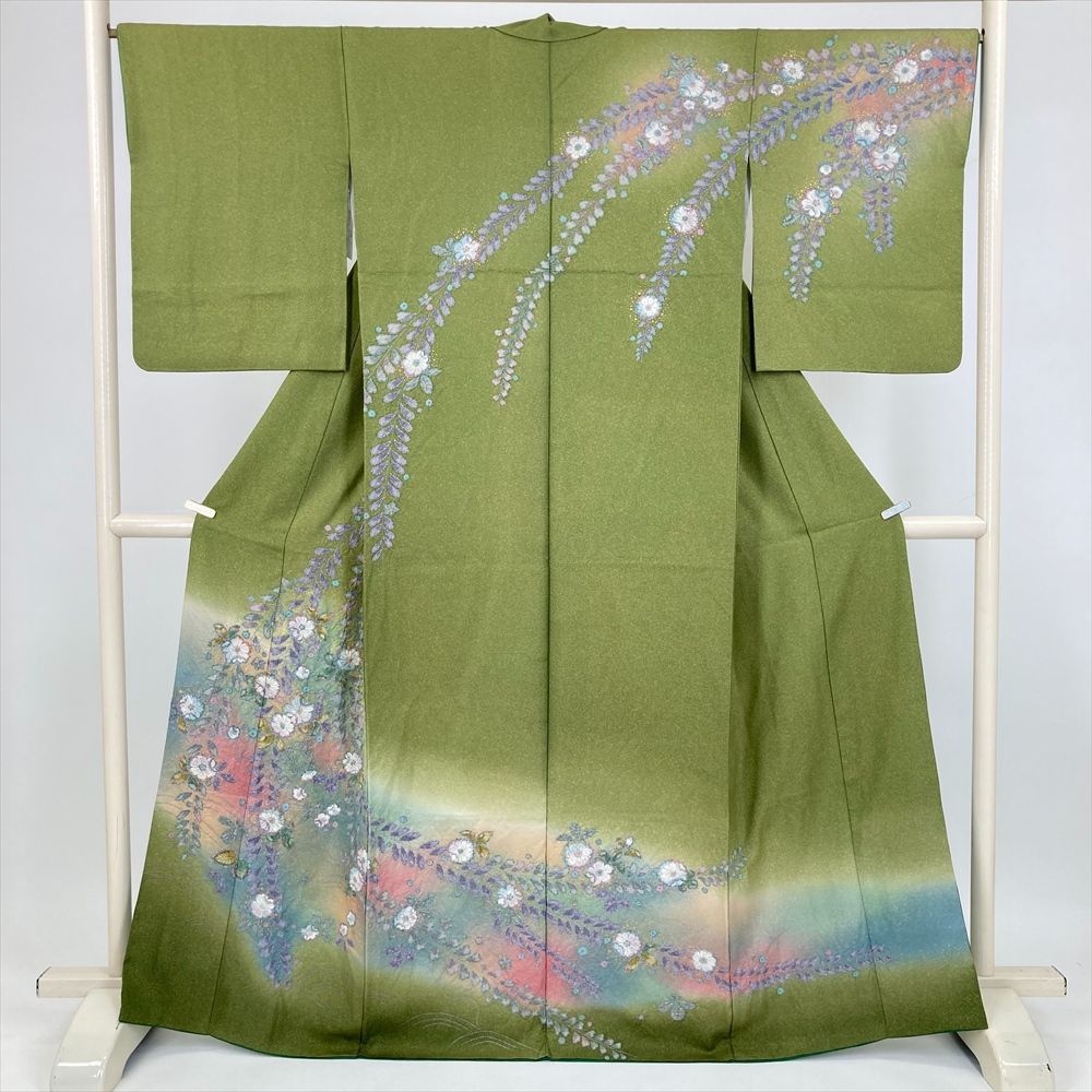 たんす屋 TANSU-YA 着物 リユース着物 訪問着 濃黄緑 フォーマル セミフォーマル 辻が花 ぼかし 袷 絹 洗い済 【身丈】160.5cm【裄丈】66.5cm 7650004398882