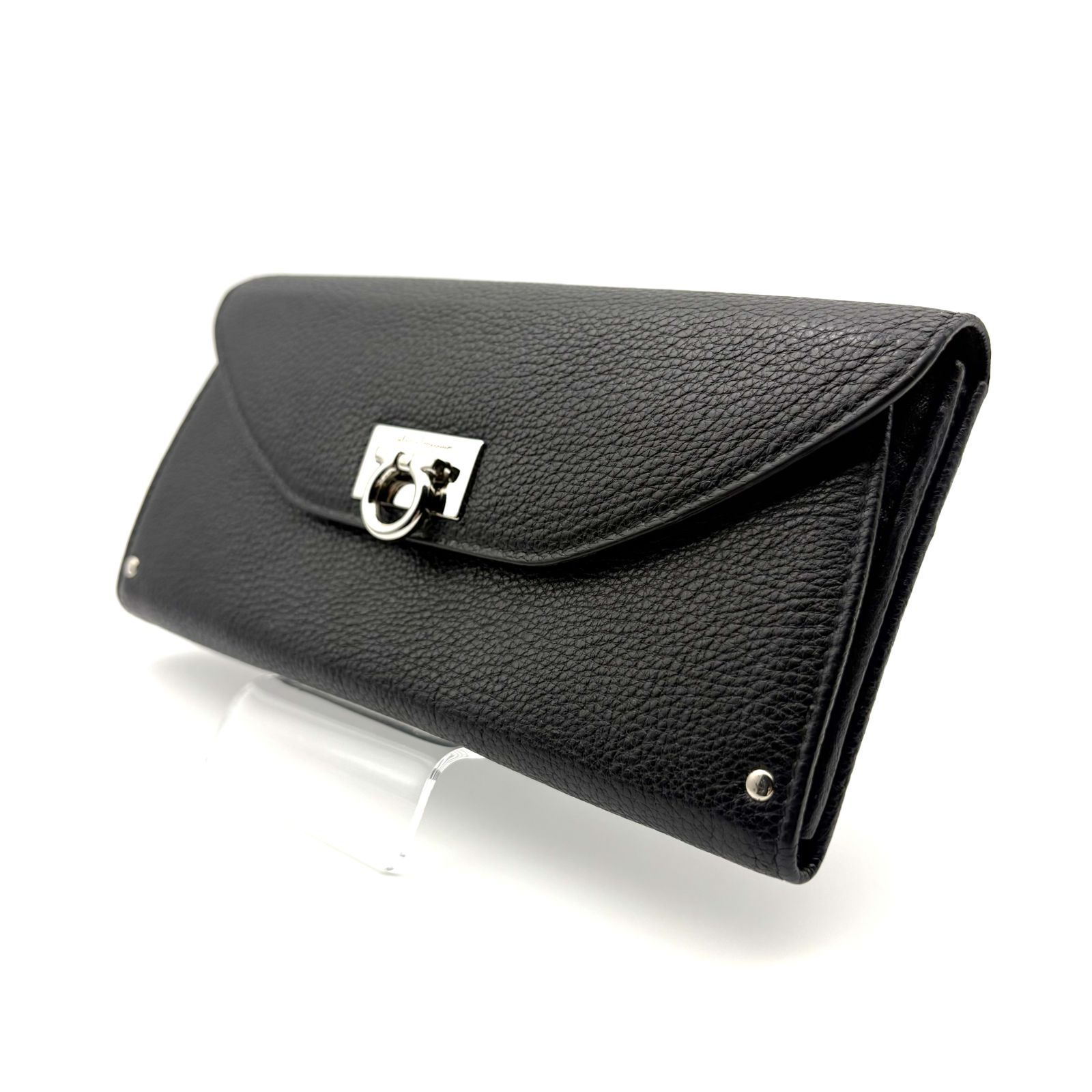 【 箱付／美品 】Salvatore Ferragamo　サルバトーレフェラガモ　ガンチーニ　フラップ　長財布　レザー　ブラック