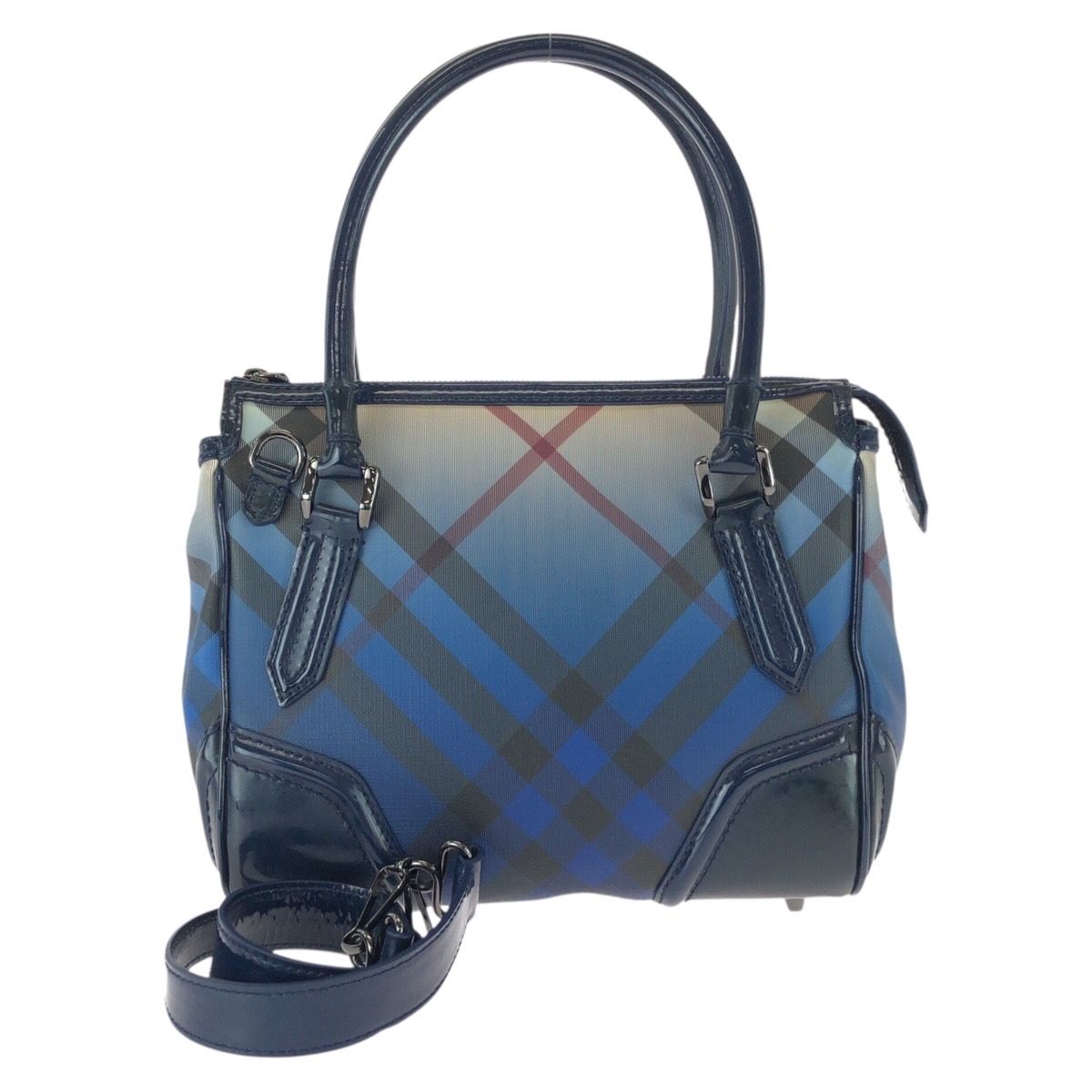 美品 BURBERRY バーバリー チェック柄 2way ブルー ガンメタ金具 PVC 