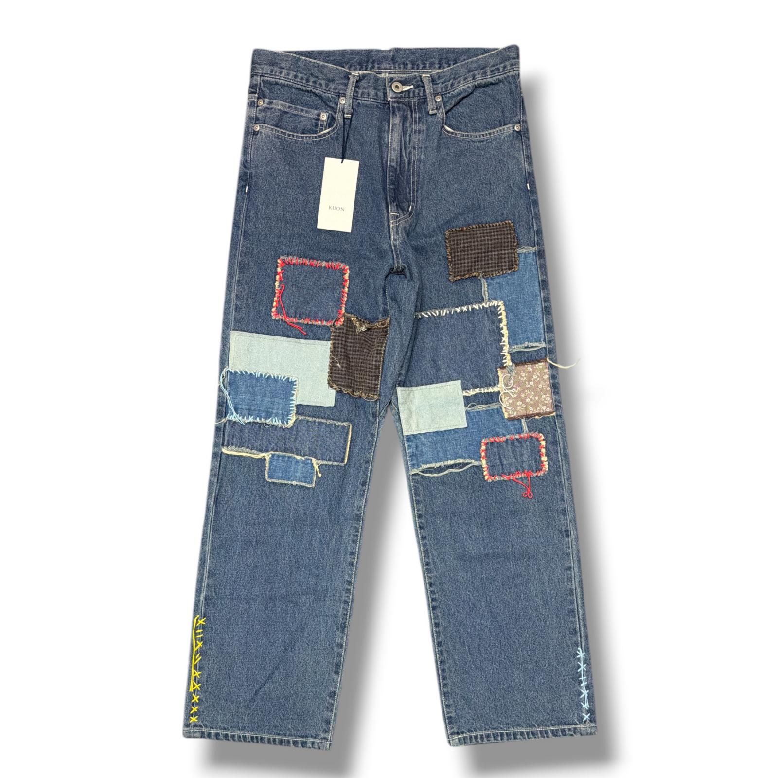 参考上代60500円 未使用 KUON Sashiko Mended Denim Trousers 刺し子 デニムパンツ ジーンズ クオン 116PT016000 ライトインディゴ M （21048M）