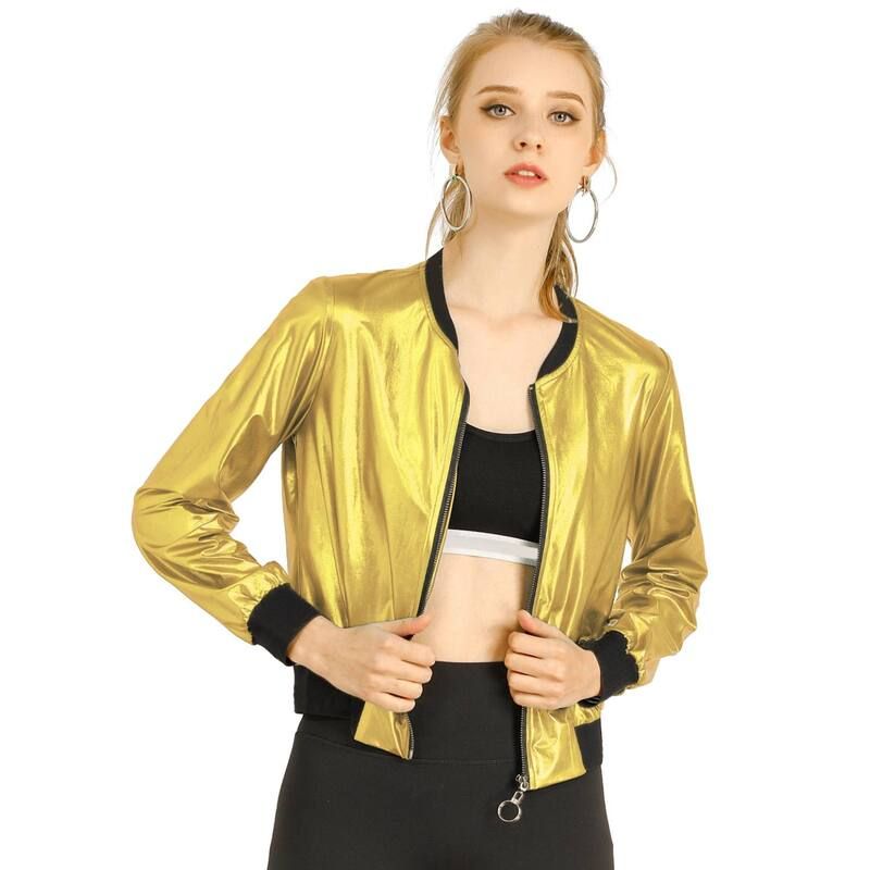 アレグラ ケー レディース アウター ジャケット・ブルゾン トール ALLEGRA K Womens Casual Stand Collar Metallic Zip Crop Length Bomb