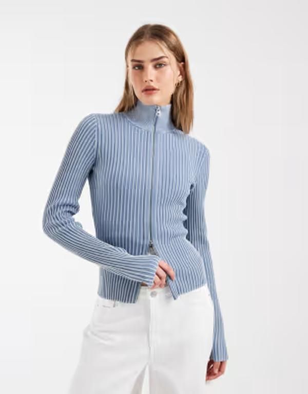 アンドアザーストーリーズ レディース アウター カーディガン スタンドネック リブ Other Stories ribbed full zip funnel neck cardigan in acid