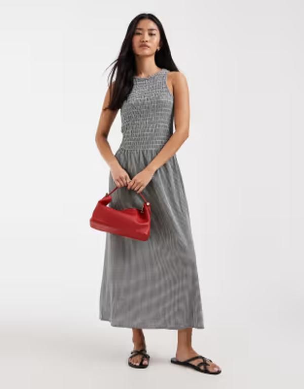 オンリー レディース トップス ワンピース ギンガムチェック ノースリーブ ギンガム ONLY sleeveless midaxi smock dress gingham Black checks ブ