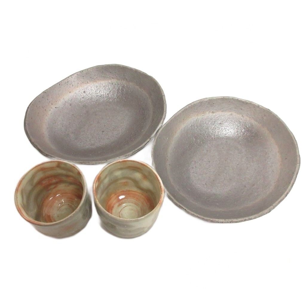 美品 雲井窯の栞 4点セット 陶器 皿 プレート コップ 湯呑 灰色 グレー 食器