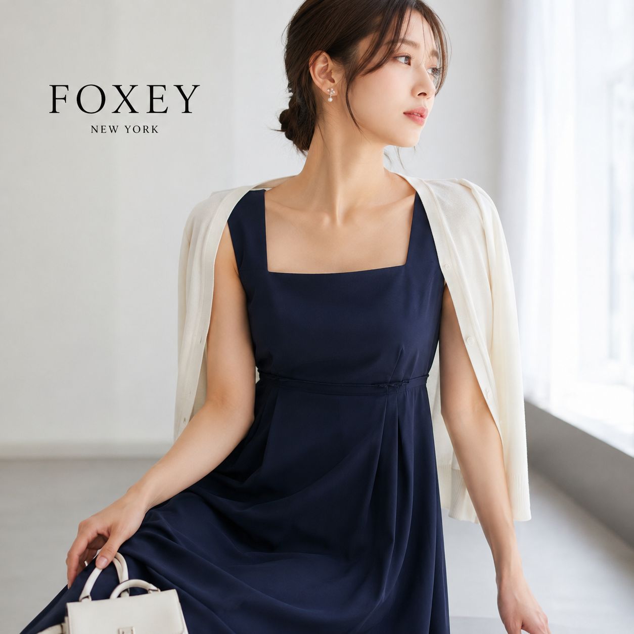 美品 FOXEYNEWYORK グレースドレス ワンピース 40 ネイビー FOXEY NEW YORK フォクシーニューヨーク 美品 クールストレッチ