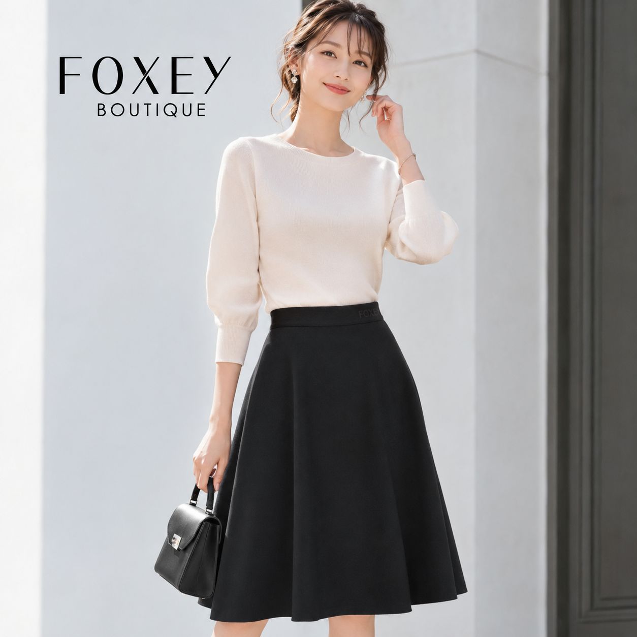 FOXEY BOUTIQUE 42310 極美品 スカート ベルフレア 38 ブラック ウールBLEND ロゴ入 フォクシーブティック