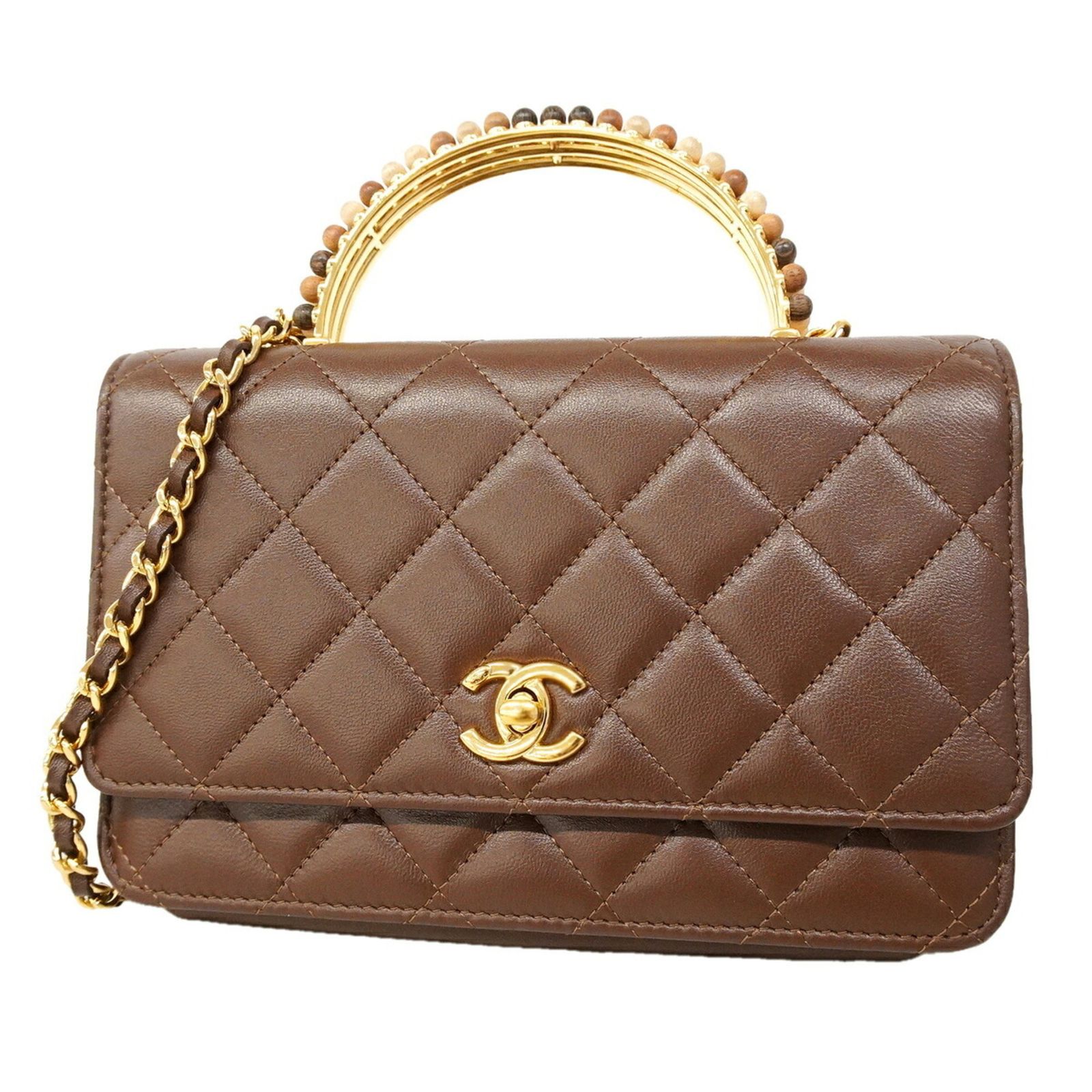 シャネル(Chanel) シャネル 財布・ショルダーウォレット マトラッセ チェーンショルダー ラムスキン ブラウン レディース