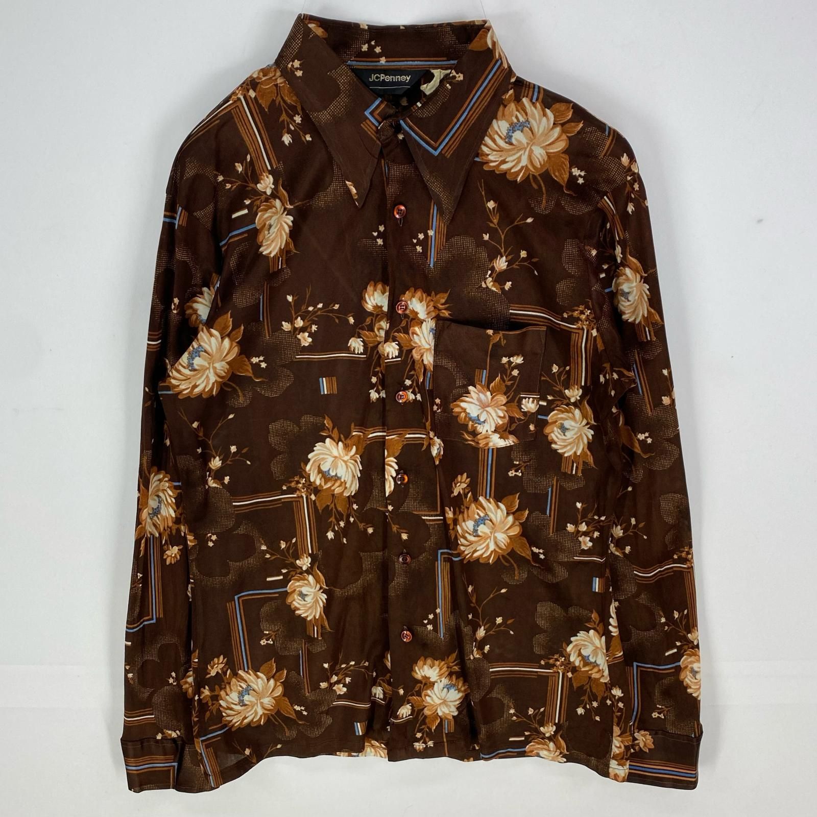 古着 70's～80's/70年代～80年代 ヴィンテージ ジェイシーペニー J.C.Penney 長袖シャツ 花柄 デカ襟 ブラウン系 メンズ