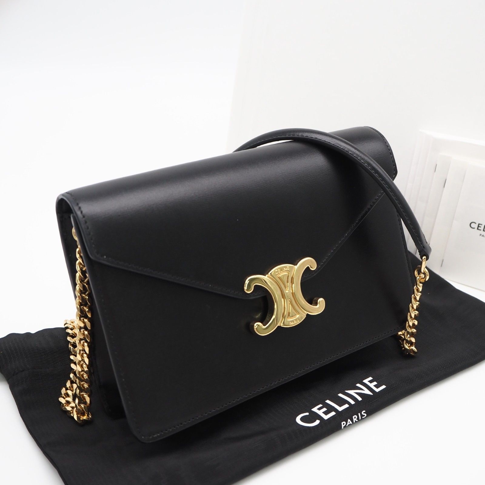 ★3日以内返品可★ 美品 CELINE セリーヌ シャイニーカーフスキン チェーンウォレット マーゴ 10L033DPV 2wayショルダーバッグ ブラック カーフレザー レディース