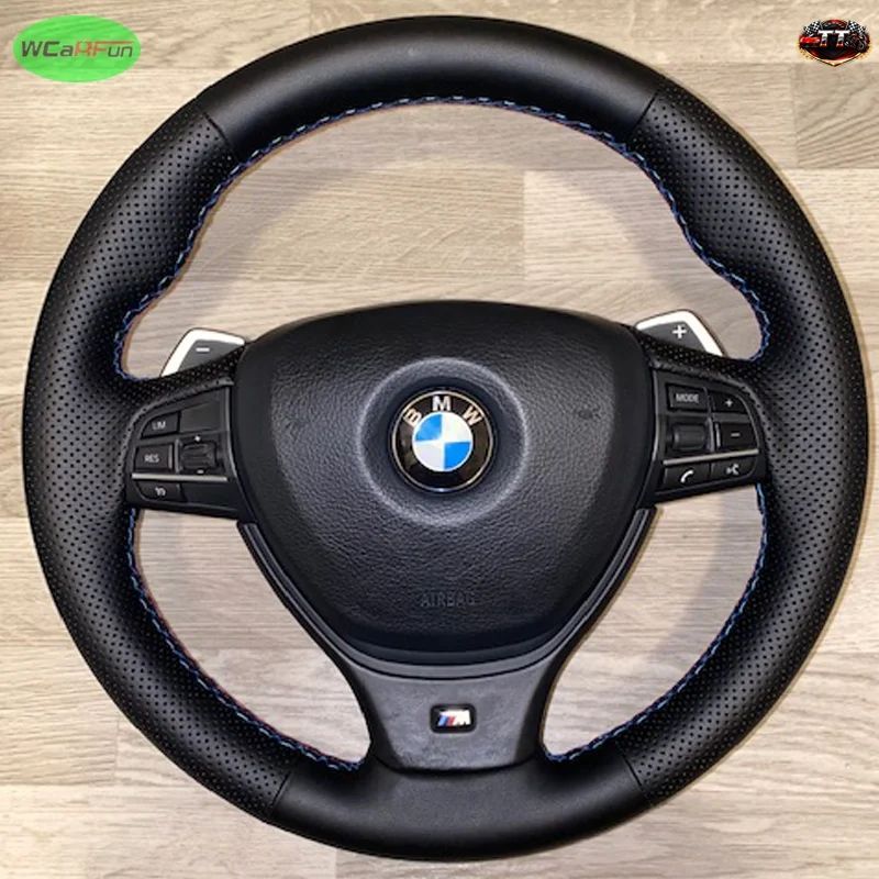 BMW 5 6 7シリーズ F10 F07 F06 F12 F13 F01 F02用レザーブレードステアリングホイールカバー（レッドブルーライン、パンチングマイクロフ