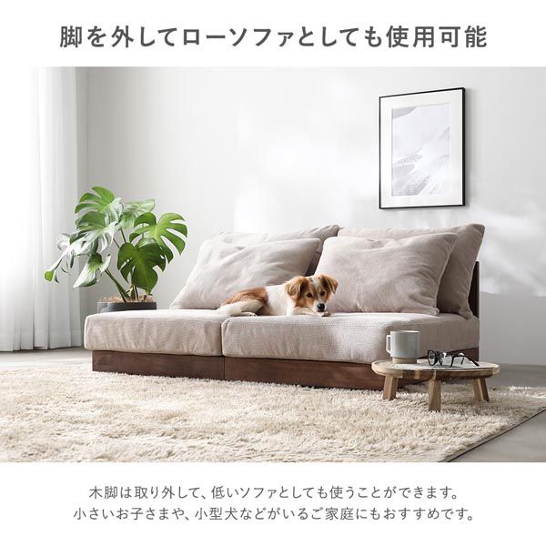 あぐらがかける2人掛けソファ アイボリー 天然木脚 洗えるカバー 脚取り外し可 モジュール式【アイボリー・ソファ単品】