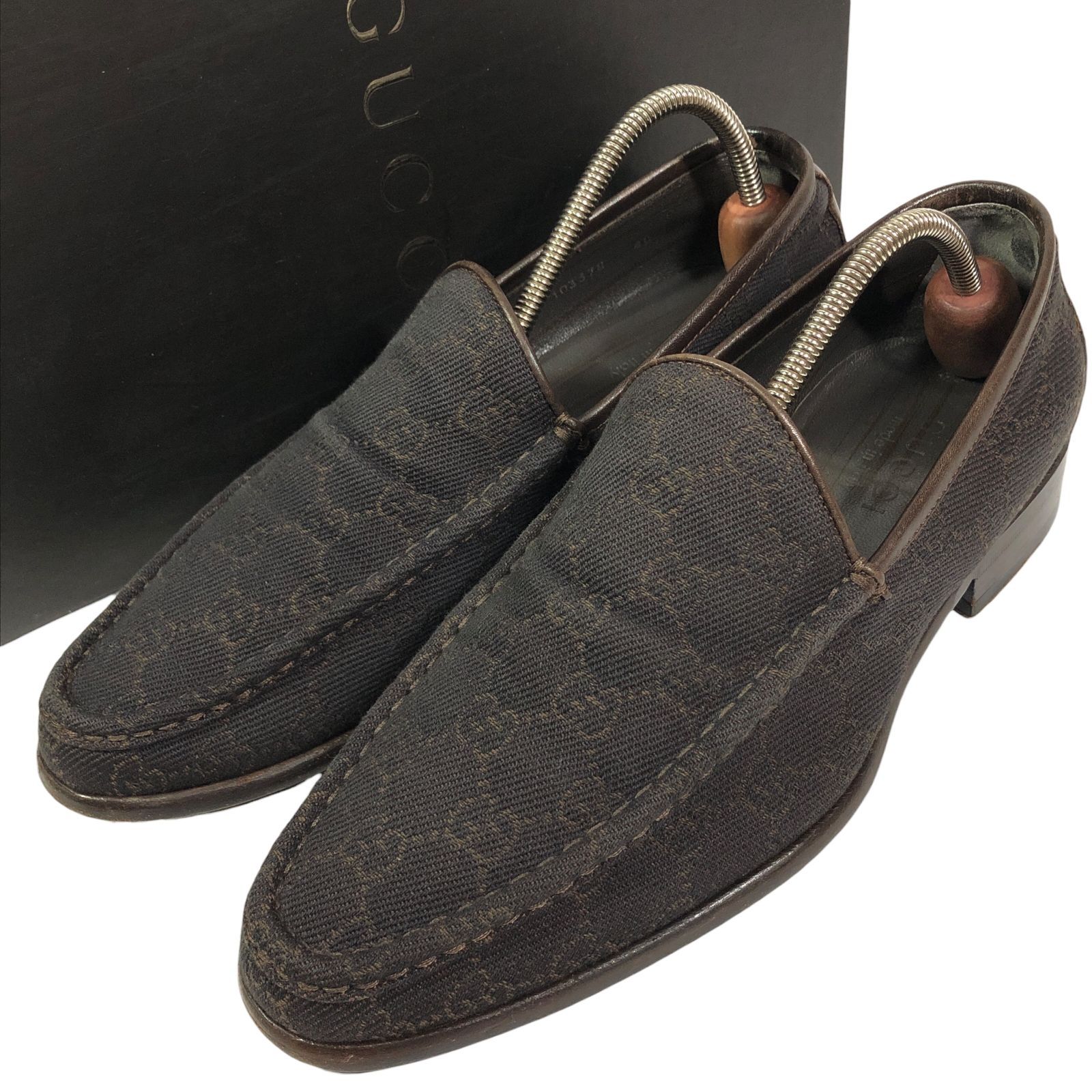 【グッチ】本物 GUCCI 靴 25cm ローファー GG柄 スリッポン ビジネスシューズ 103378 キャンバス×レザー 男性用 メンズ 伊製 40 E 箱付き