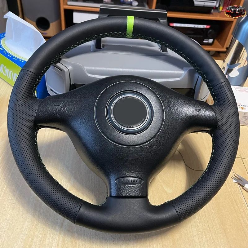 VWゴルフ4 MK4 1998-2002 2003 2004 パサートB5 1996-2005 旧型車用ステアリングホイールカバートリム レザー グリーンストライプ付き