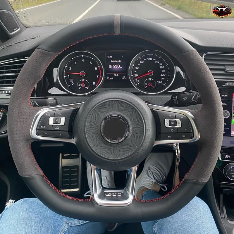 WCARFUN カー ステアリング ホイール カバー フォルクスワーゲン VW ゴルフ R MK7 ゴルフ 7 GTI VW ポロ GTI シロッコ 2015 2016