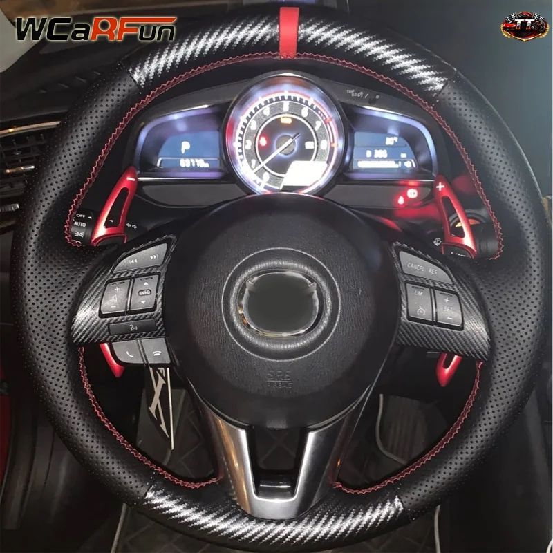 WCARFUN レザー カーボンファイバー ステアリングホイールカバー マツダ 3 アクセラ マツダ 6 アテンザ マツダ 2 CX-3 CX-5 2013 - 17