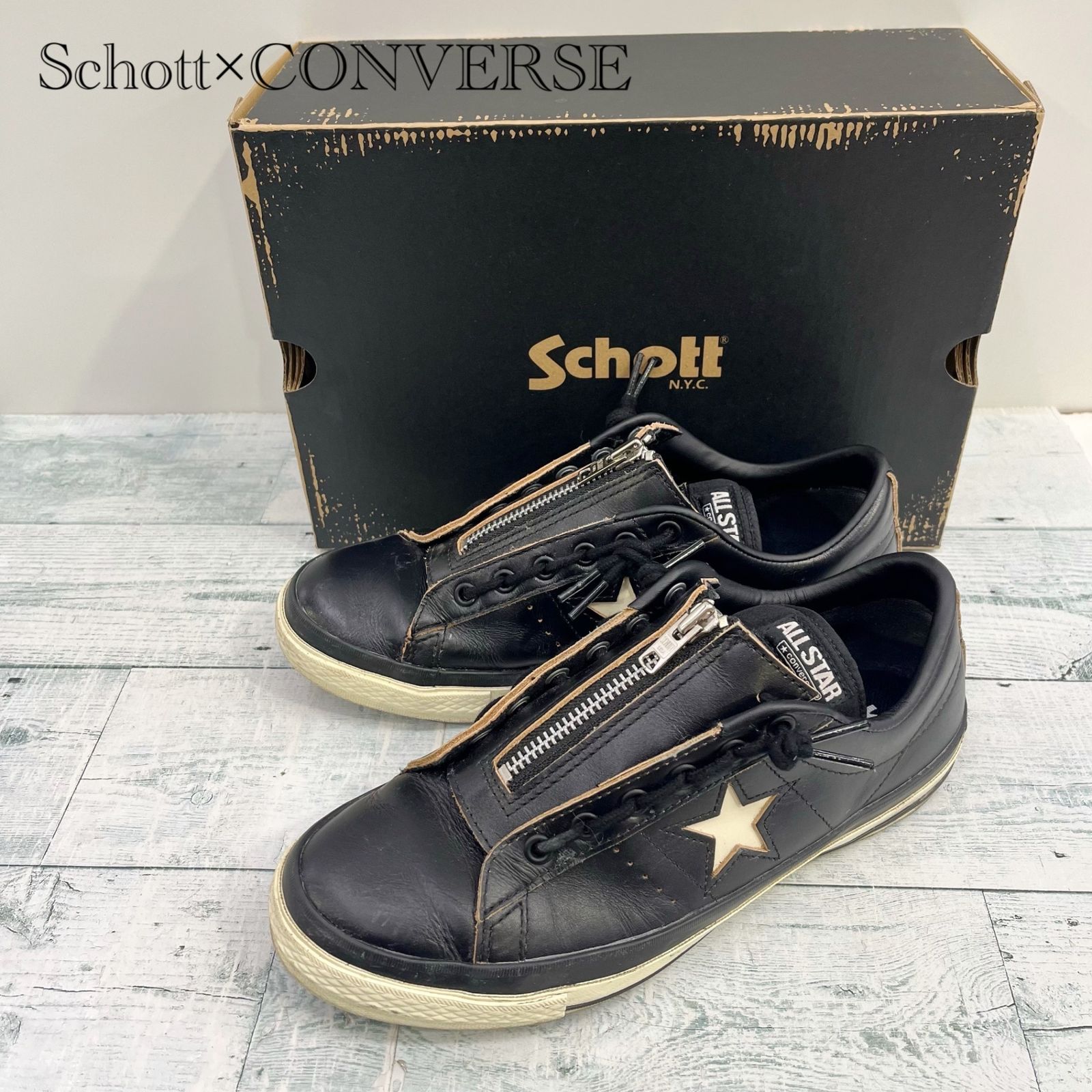 箱付き schott × converse コンバース ショット one star Z ワンスター ローカット レザー スニーカー US8.5 27cm ブラック 黒 靴 _208