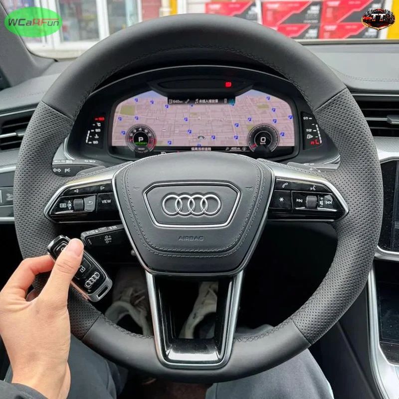 穴あきレザー製カーステアリングホイールカバー（アウディ A6 A7 2018 2019）