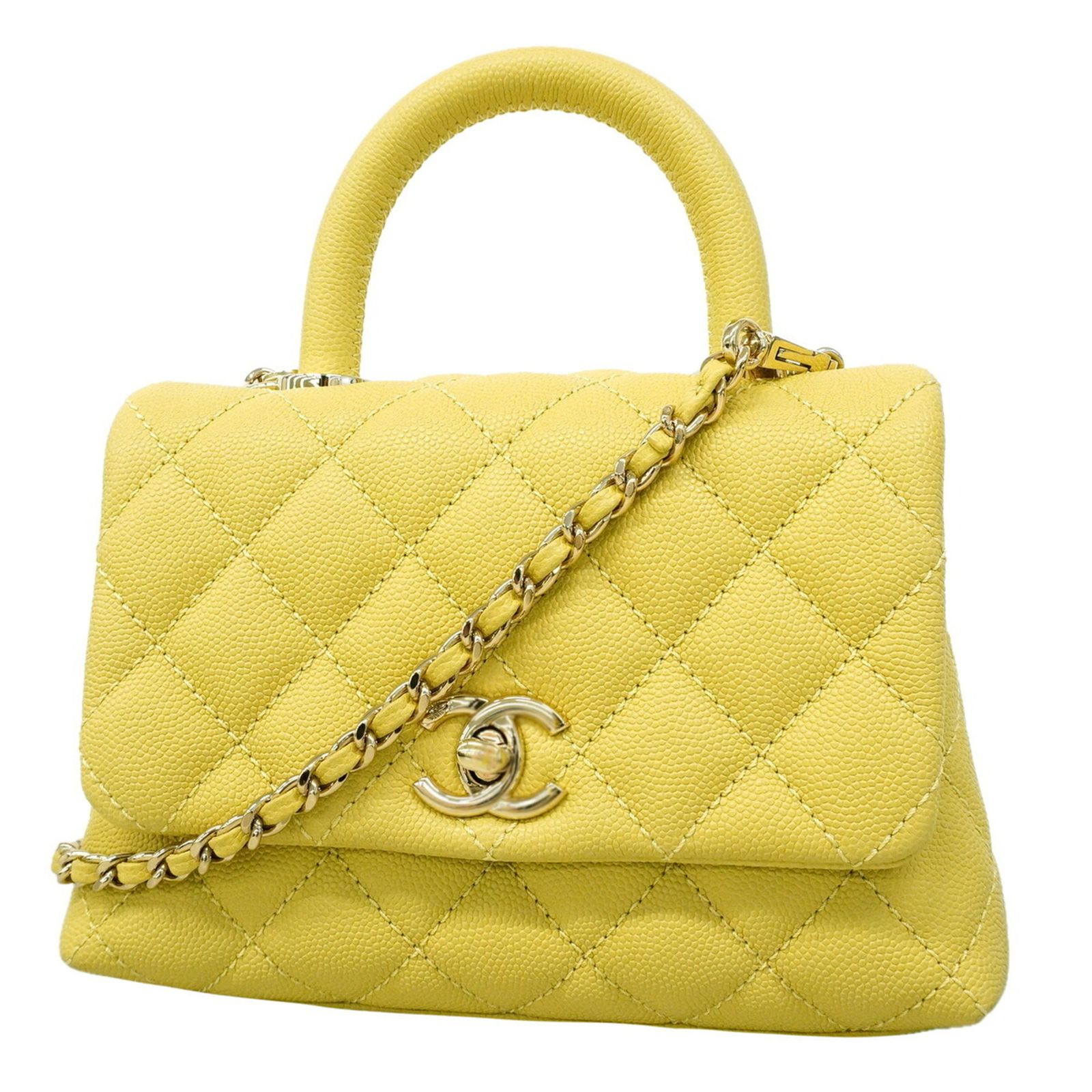 シャネル(Chanel) シャネル ハンドバッグ チェーンショルダー ココハンドル キャビアスキン イエロー シャンパン 2wayバッグレディース