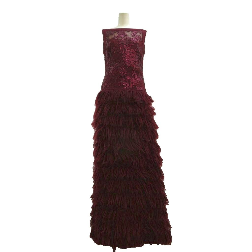 タダシショージ TADASHI SHOJI ドレス ワンピース ノースリーブ シアー レース ロング マキシ丈 ボートネック ティアード チュール フリンジ スパンコール 0 XXS-XS ボルドー /XZ ■GY06 22,248円