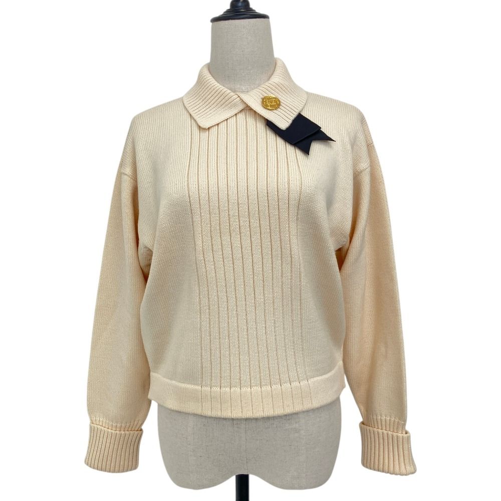 美品 CHANEL シャネル リボンブローチ付 ニットトップス セーター 30257 サイズ38 ベージュ レディース 古着 中古 USED