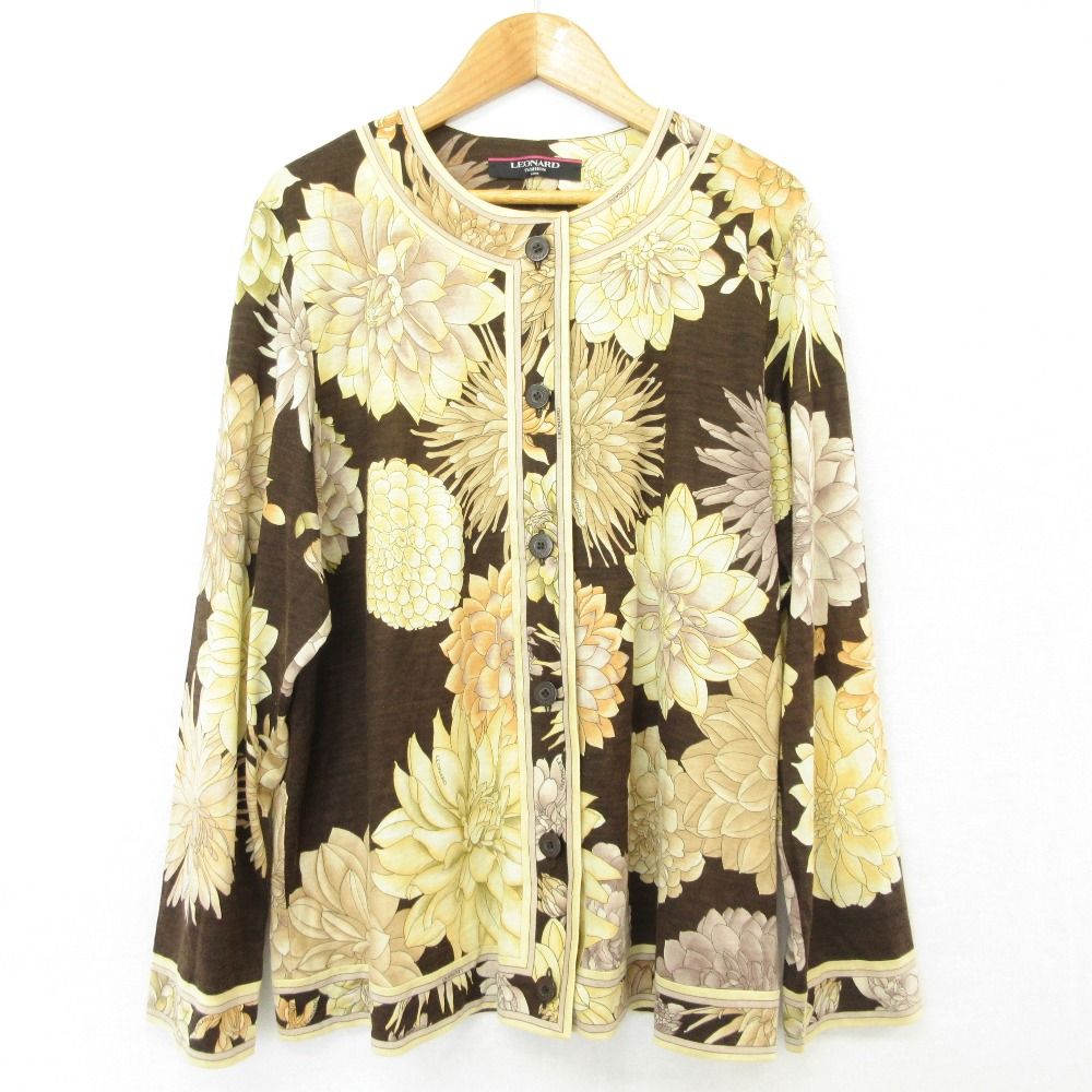 美品 LEONARD FASHION レオナールファッション フラワープリント ウールシルク ニットカーディガン LLサイズ ブラウン レディース 古着 中古 USED
