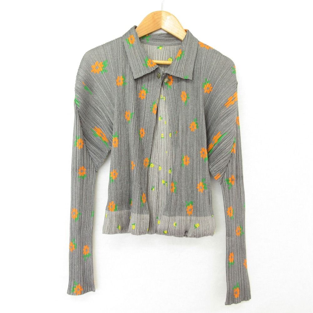 美品 PLEATS PLEASE ISSEY MIYAKE プリーツプリーズ イッセイミヤケ リバーシブル カーディガン PP22-JD755 サイズ3 グレー レディース 古着 中古 USED