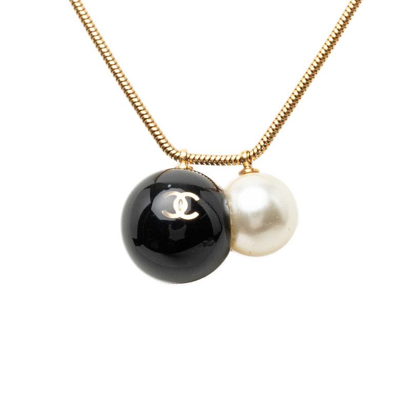 シャネル ココマーク ボール チェーン ネックレス ゴールド ブラック メッキ フェイクパール プラスチック レディース CHANEL【1-0282934】