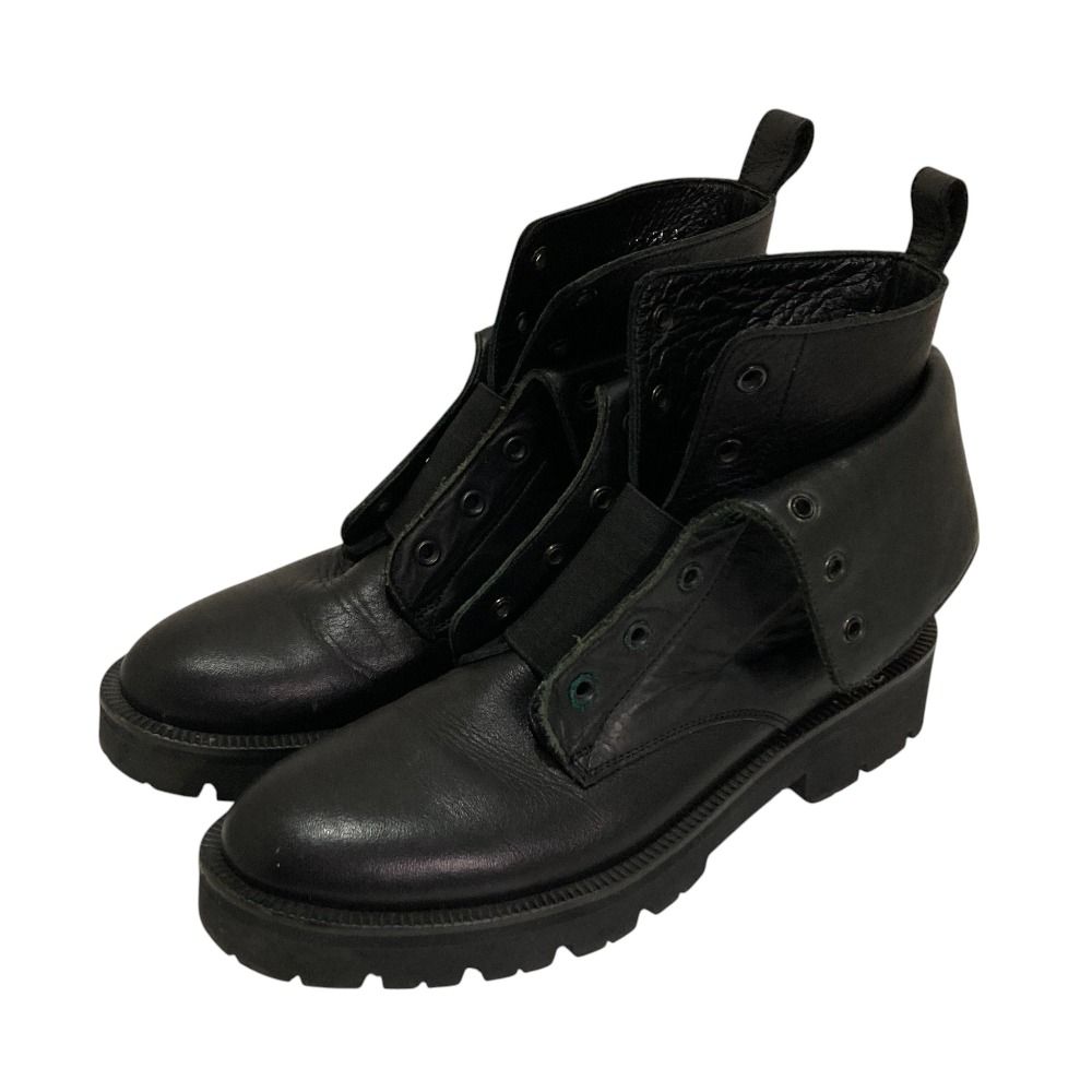 良品 YOHJI YAMAMOTO +NOIR ヨウジヤマモトプリュスノアール レースレス レザー ショートブーツ サイズ2 22.5-23.0cm程度 ブラック レディース 古着 中古 USED