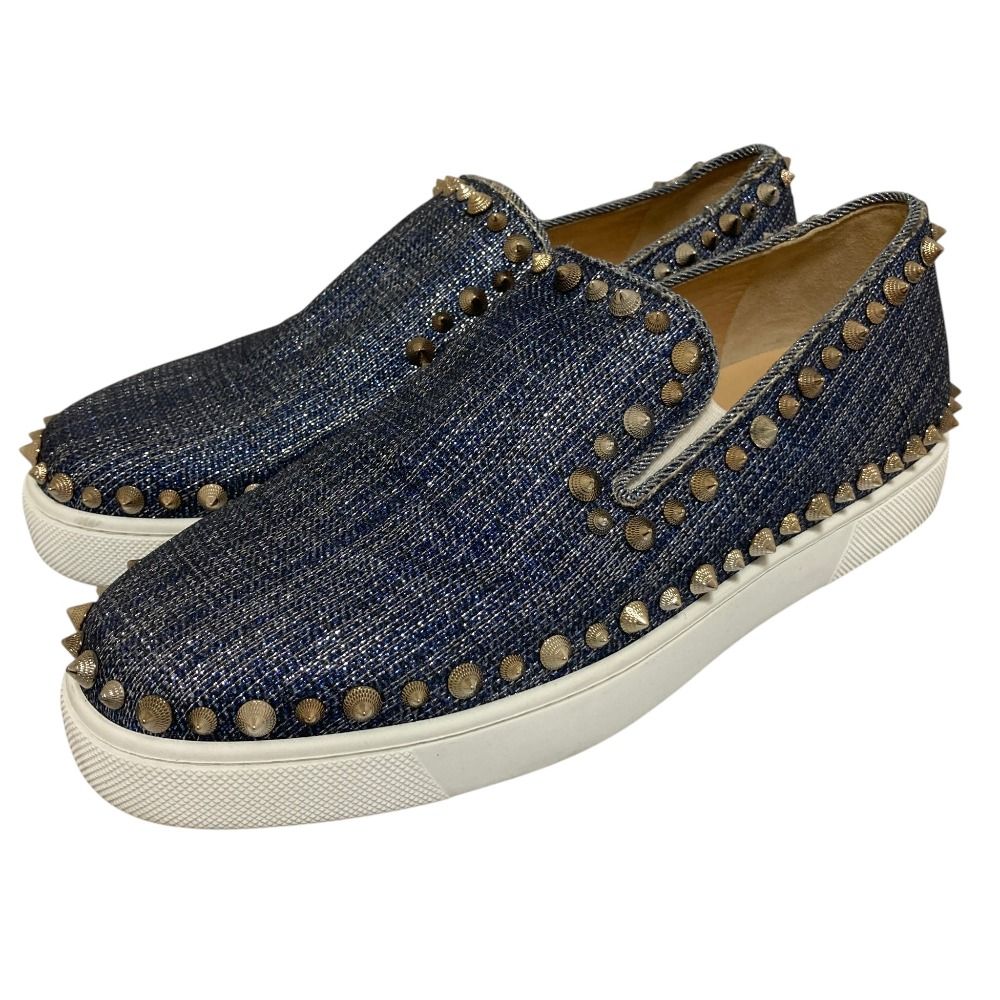 美品 Christian Louboutin クリスチャンルブタン ローラーボート スタッズ スリッポン スニーカー サイズ37.5 約24.5cm ブルー系 レディース 古着 中古 USED