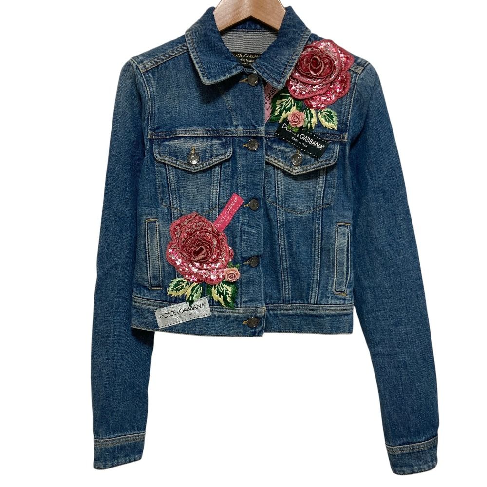 新品同様 DOLCE&GABBANA ドルチェアンドガッバーナ フラワーエンブロイダリー スパンコール デニムジャケット サイズ36 インディゴ レディース 古着 中古 USED