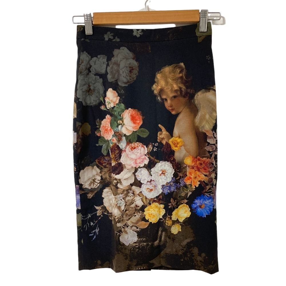 良品 DOLCE&GABBANA ドルチェ＆ガッバーナ フラワー×エンジェルプリント シルクスカート サイズ36 ブラック レディース 古着 中古 USED