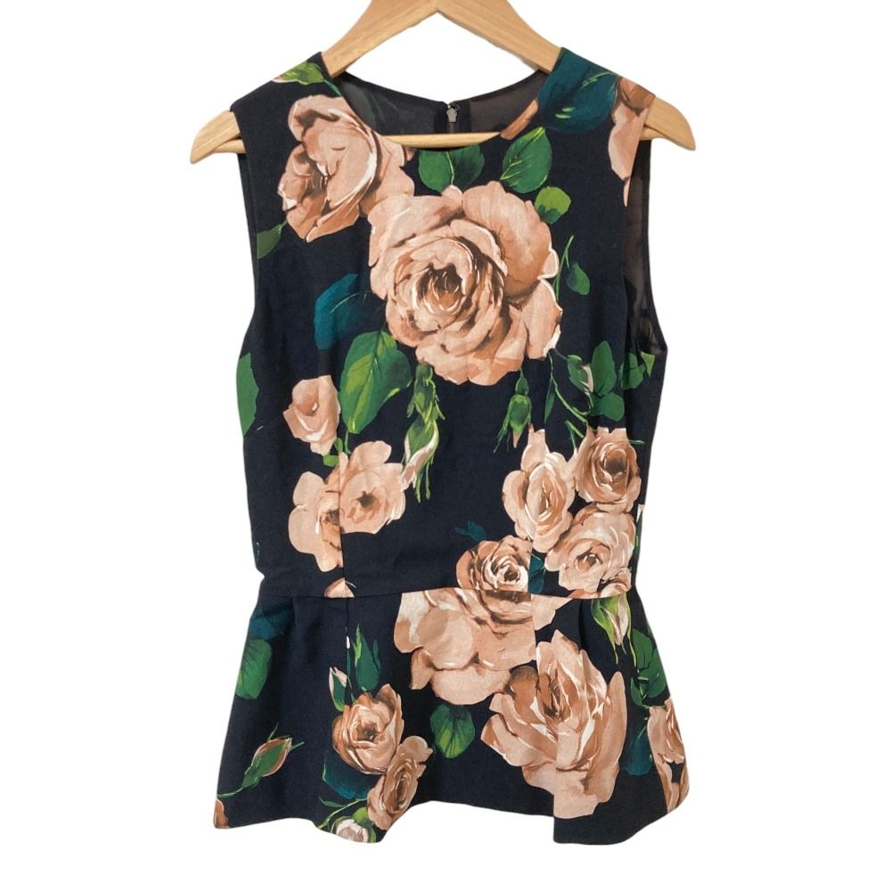 美品 DOLCE&GABBANA ドルチェ＆ガッバーナ ローズプリント シルク ノースリーブブラウス サイズ38 ブラック ピンク レディース 古着 中古 USED