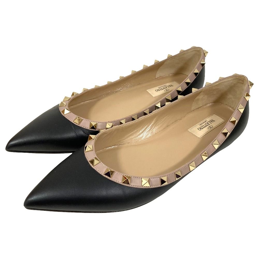 美品 Valentino Garavani ヴァレンティノガラヴァーニ ロックスタッズ バレリーナ フラットシューズ サイズ39.5 約26.5cm ブラック レディース 古着 中古 USED