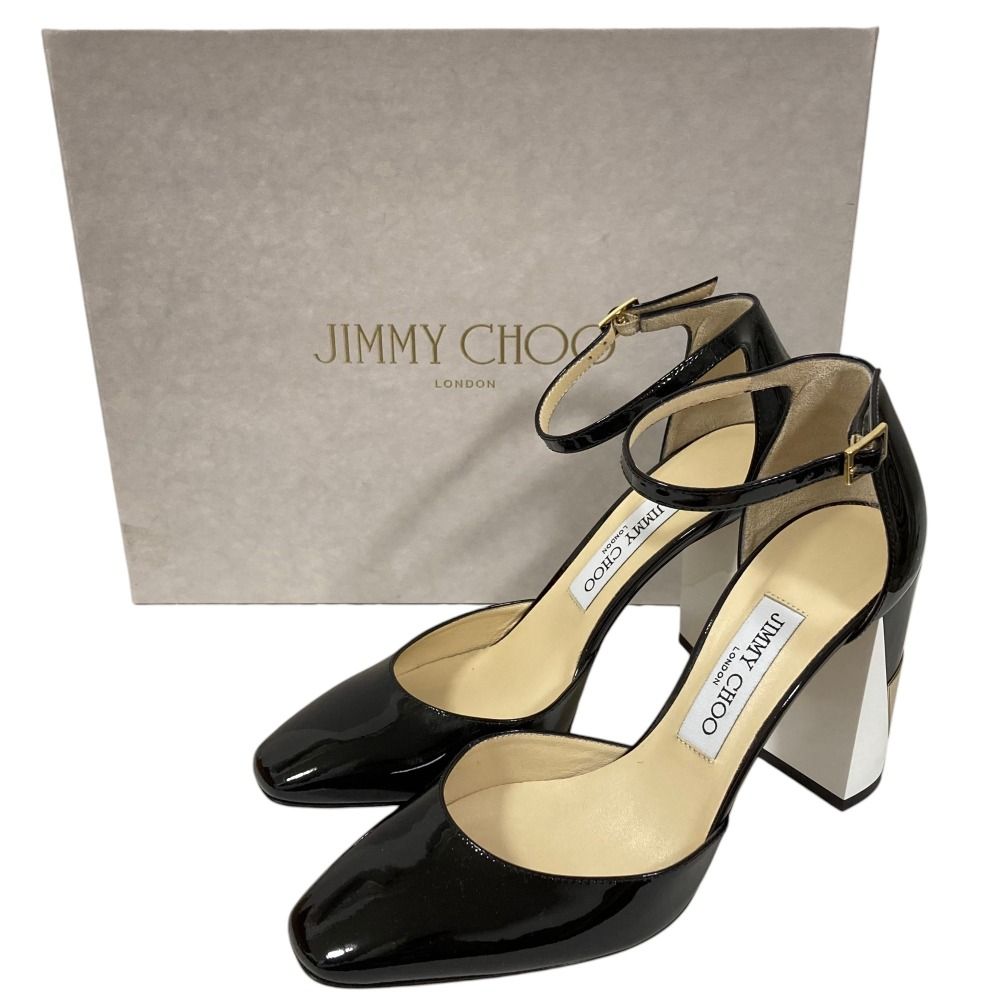 美品 JIMMY CHOO ジミーチュウ MABEL 95 パテント アンクルストラップ パンプス サイズ37.5 約24.5cm ブラック レディース 古着 中古 USED