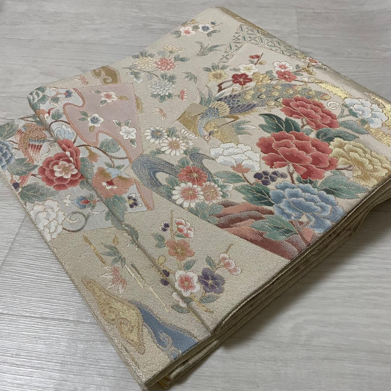 袋帯 孔雀に美しい花模様 正絹 着物 X-6902 6,248円