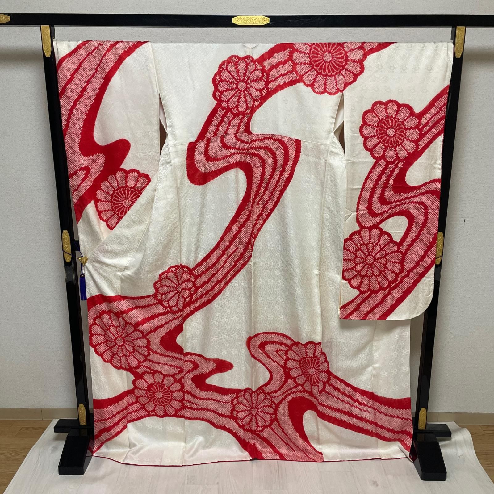振袖 絞り 裄70 トールサイズ 流水に花模様 着物 正絹 X-6987
