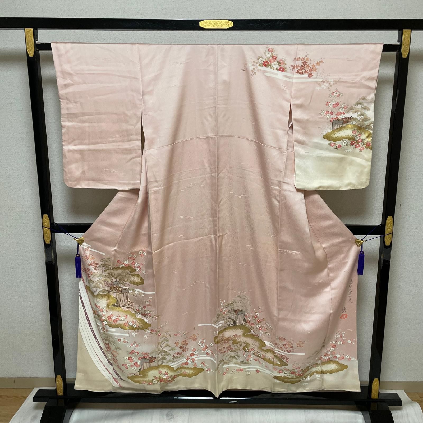 訪問着 反物 雲と花模様 金彩 訪問着 友禅金彩加工 刺繍入り 未使用 京 