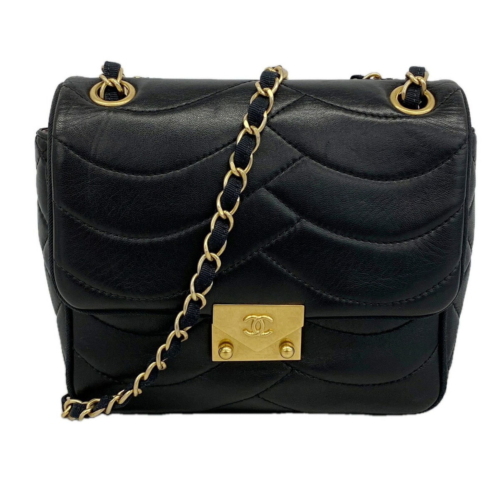 シャネル(Chanel) シャネル ショルダーバッグ Wチェーン 波ステッチ ラムスキン ブラック レディース OP015153