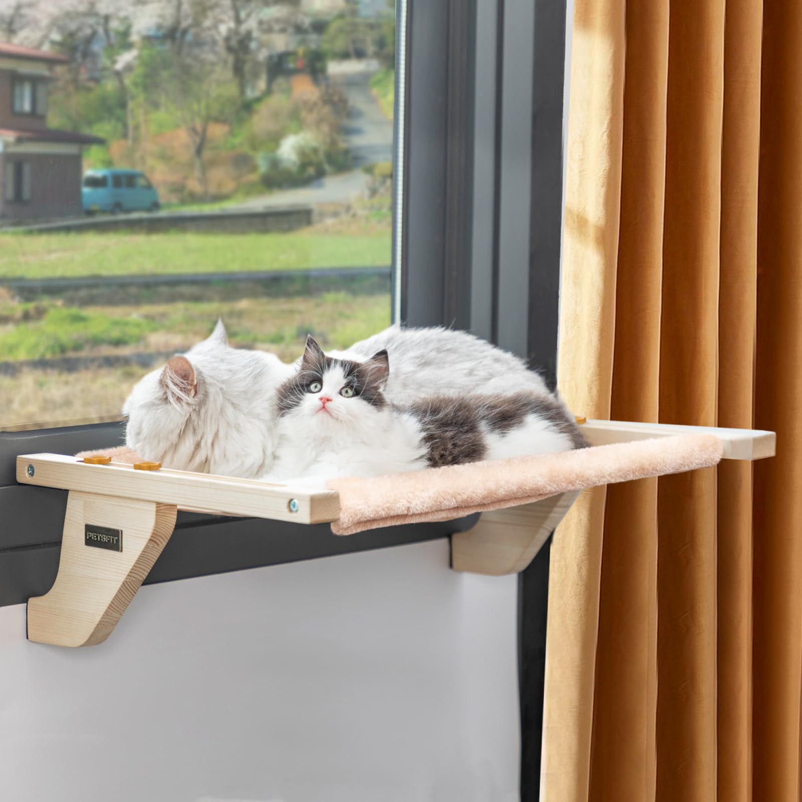 ★新品★Petsfit 猫ハンモック 猫窓ベッド 窓用ハンモック 木製 しかっりした物理構造 窓用座り台 キャットウォーク 賃貸 ウィンドウベッド 日向ぼっこ 日光浴 マット付き 取り付け式 水洗い 耐用 安定 組み立て簡単 取り外し可能なマ 5621a86d
