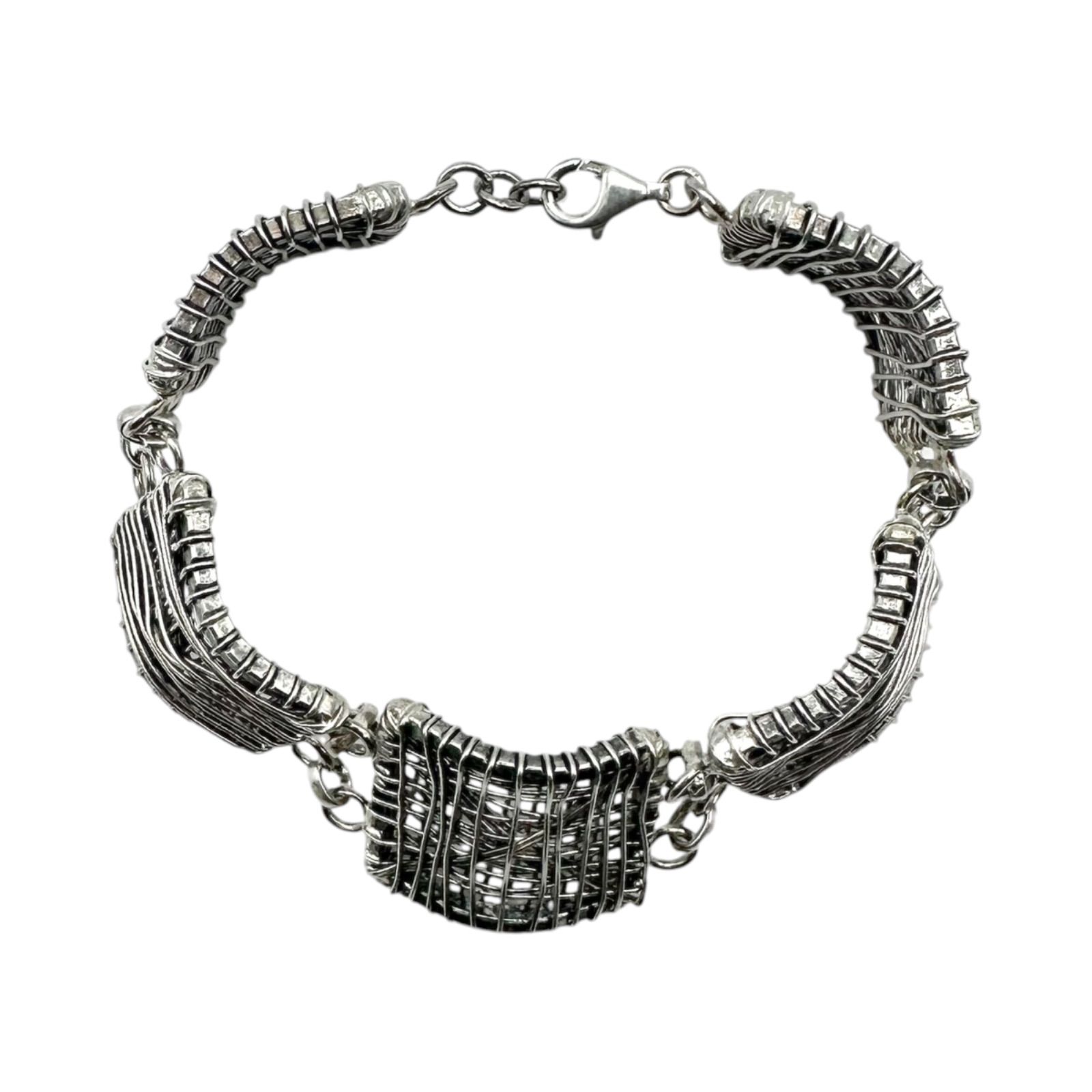 【交錯する銀線】 ユニーク 個性派 Silver 925 刻印 Design Bracelet シルバー ブレスレット ユニセックス モダンアート ハンドメイド 個人作家 オーストラリア直輸入 一点もの