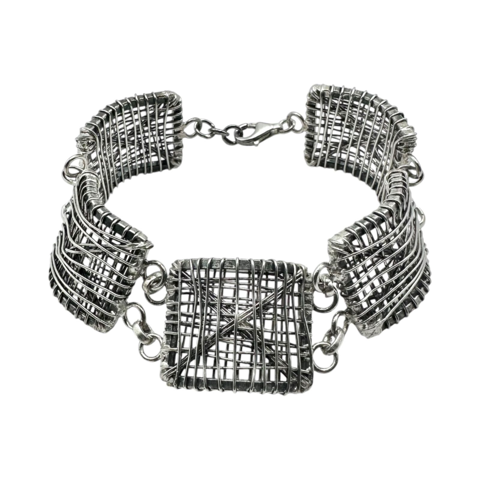 【交錯する銀線】 ユニーク 個性派 Silver 925 刻印 Design Bracelet シルバー ブレスレット ユニセックス モダンアート ハンドメイド 個人作家 オーストラリア直輸入 一点もの