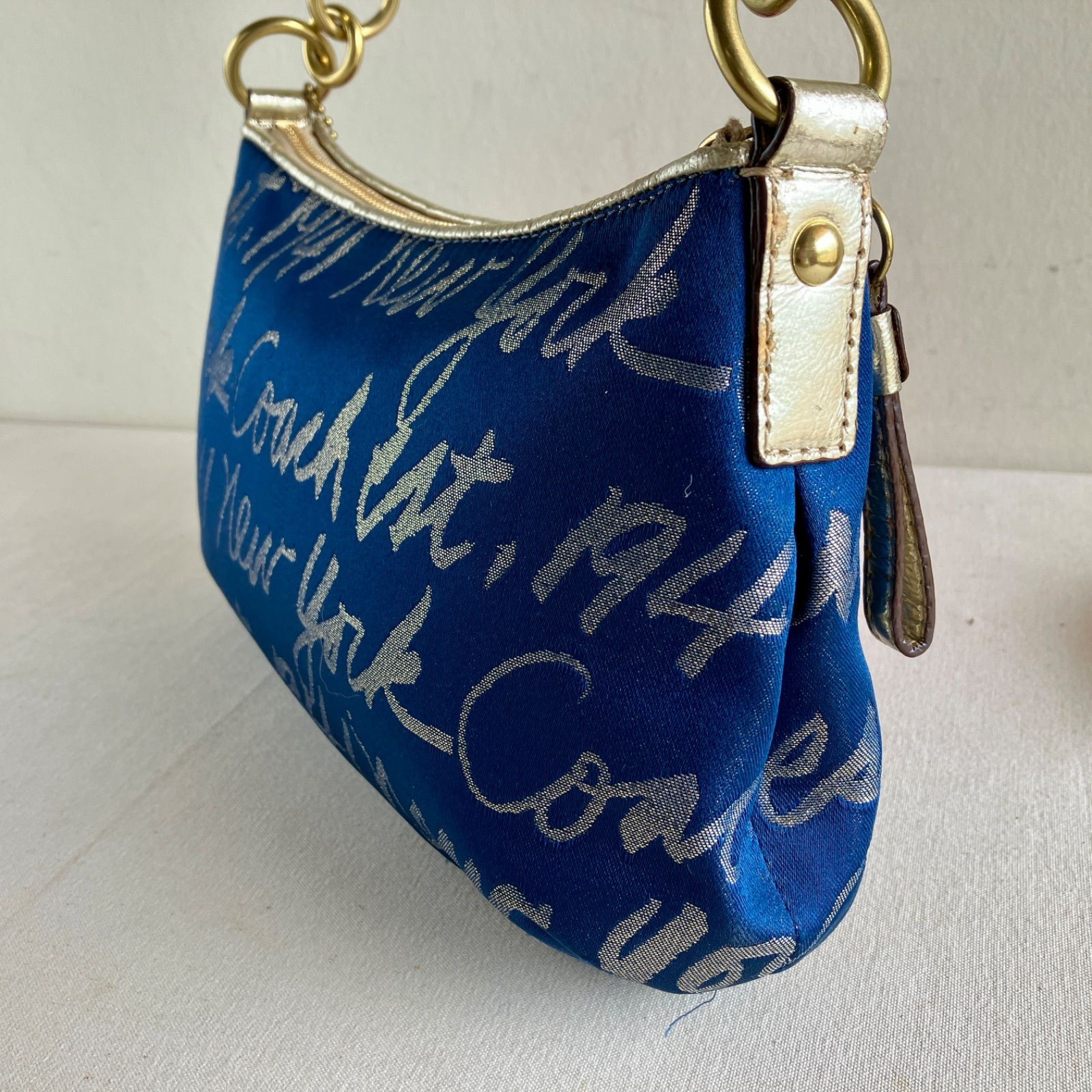 Rare Coach Poppy Storypatch Heart Blue Gold Script 2Way Crossbody 