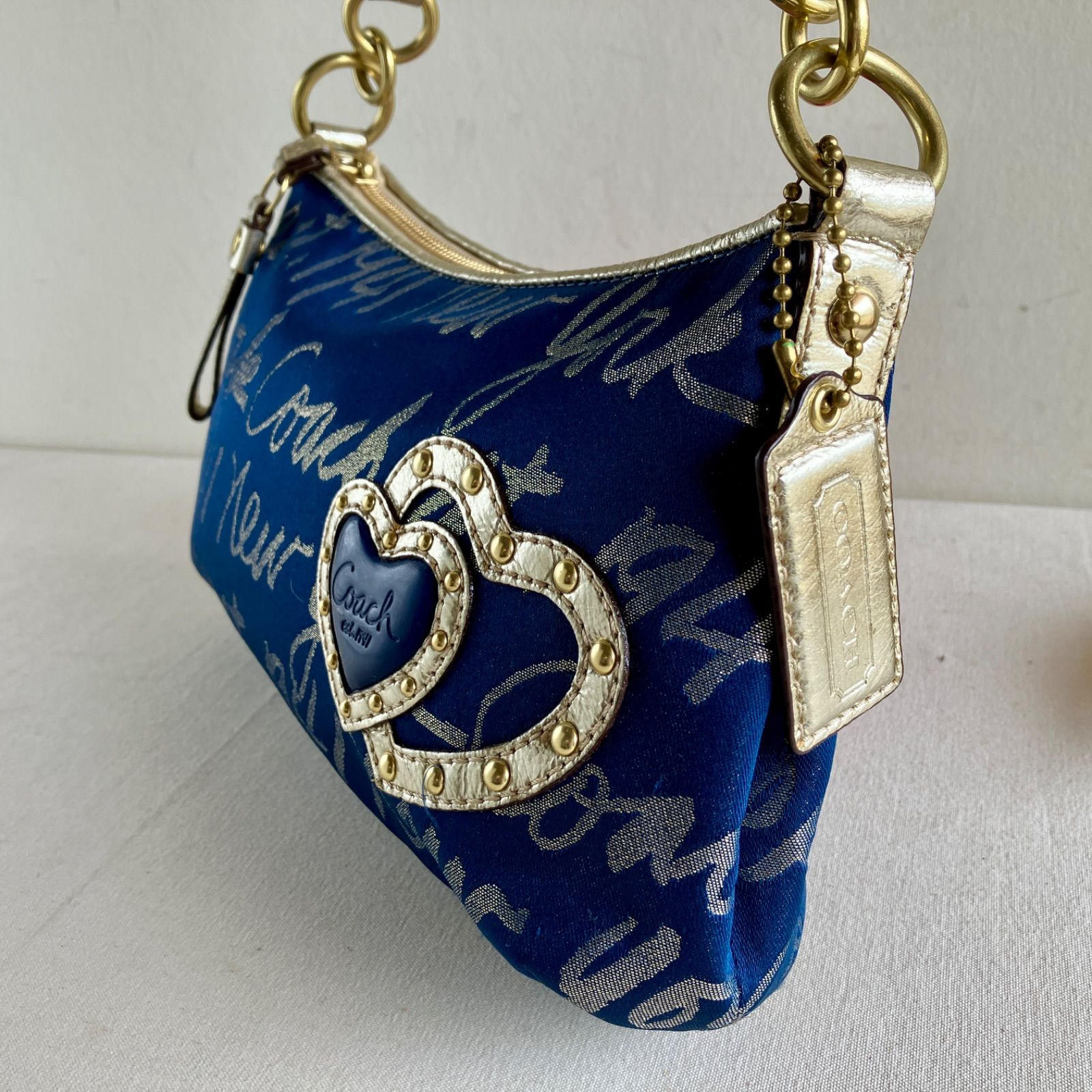 Rare Coach Poppy Storypatch Heart Blue Gold Script 2Way Crossbody