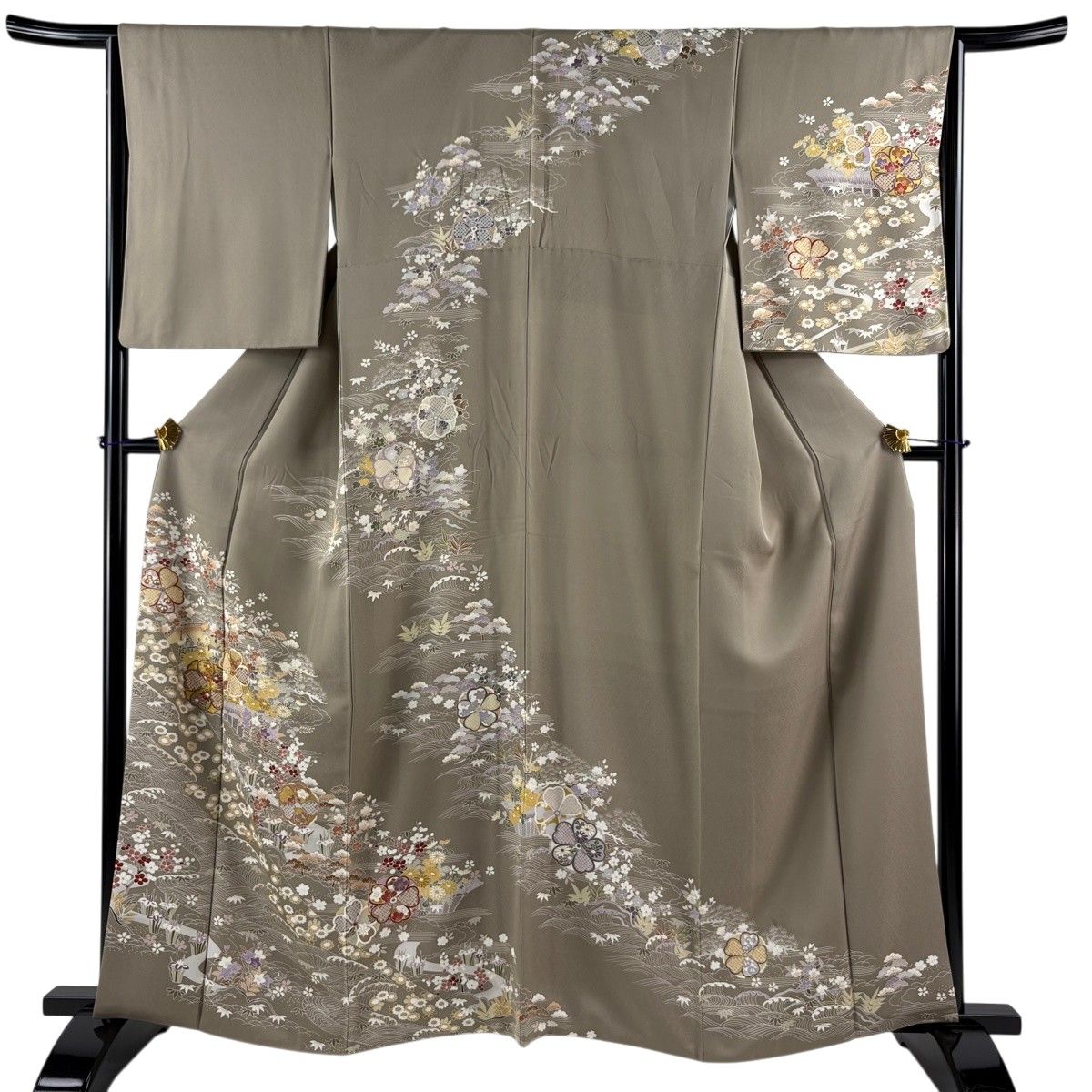 訪問着 身丈161.5cm 裄丈65cm M 袷 松竹梅 波 金糸 金彩 灰茶 正絹 名品 【中古】