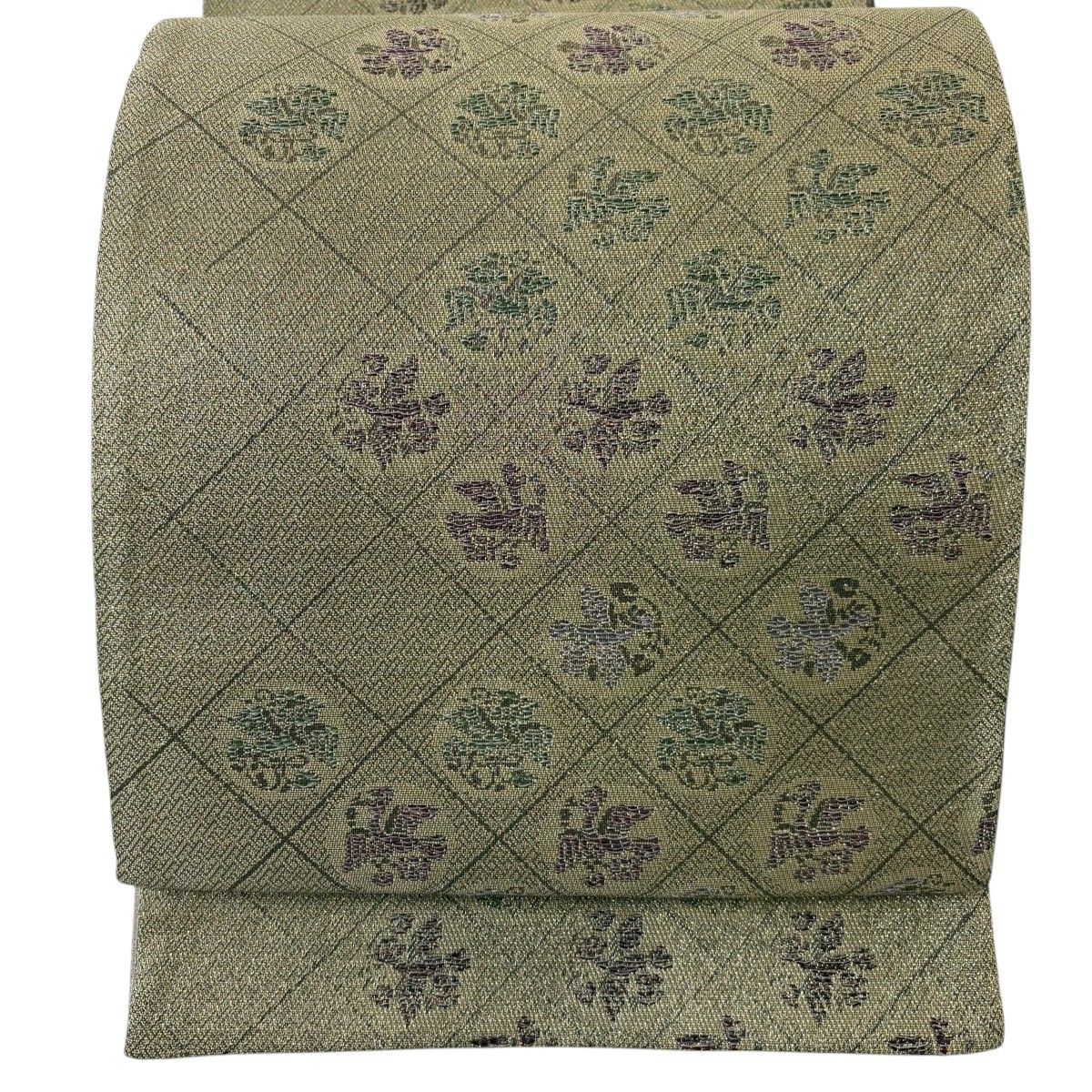 【美品】 袋帯 秀品 証紙 菱格子 花鳥 金通し 灰緑 六通 正絹 【中古】 6,248円
