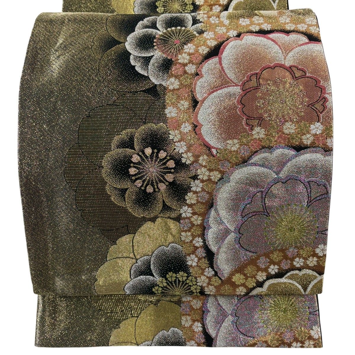 【美品】 袋帯 秀品 振袖向き 桜 金糸 箔 金色 六通 正絹 【中古】