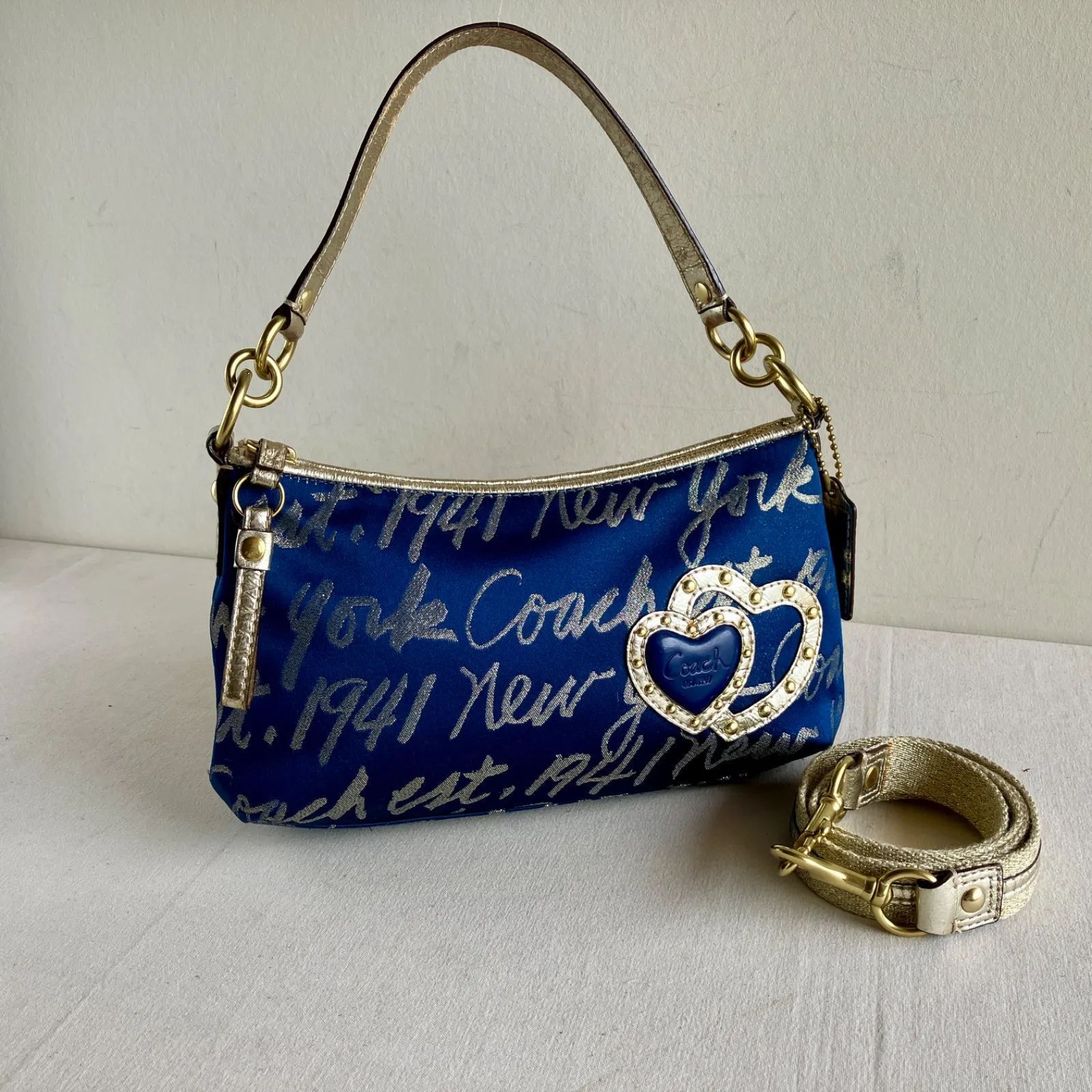 Rare Coach Poppy Storypatch Heart Blue Gold Script 2Way Crossbody 