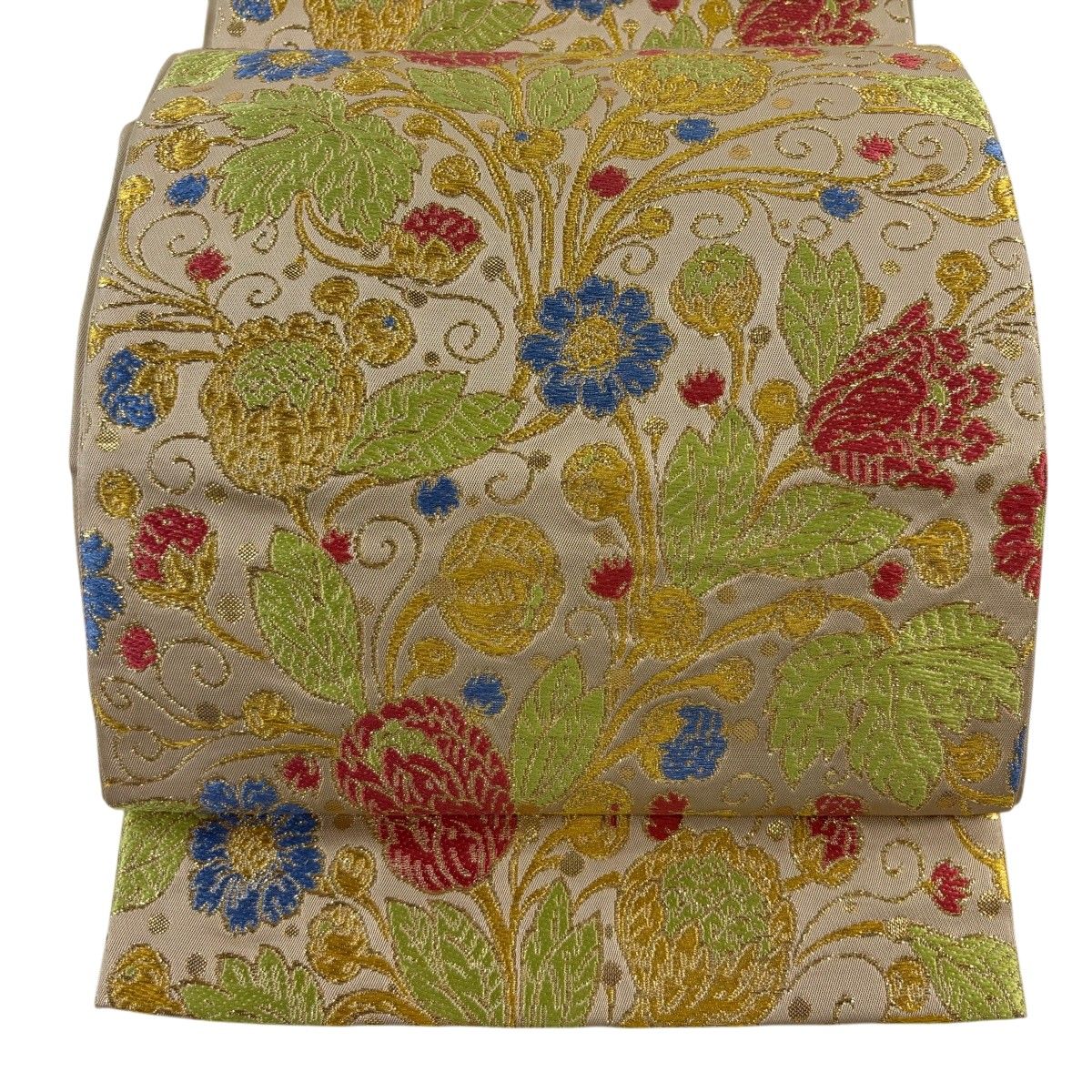 【美品】 袋帯 逸品 龍村美術織物 落款 花栄豊果錦 金糸 箔 薄茶色 六通 正絹 【中古】