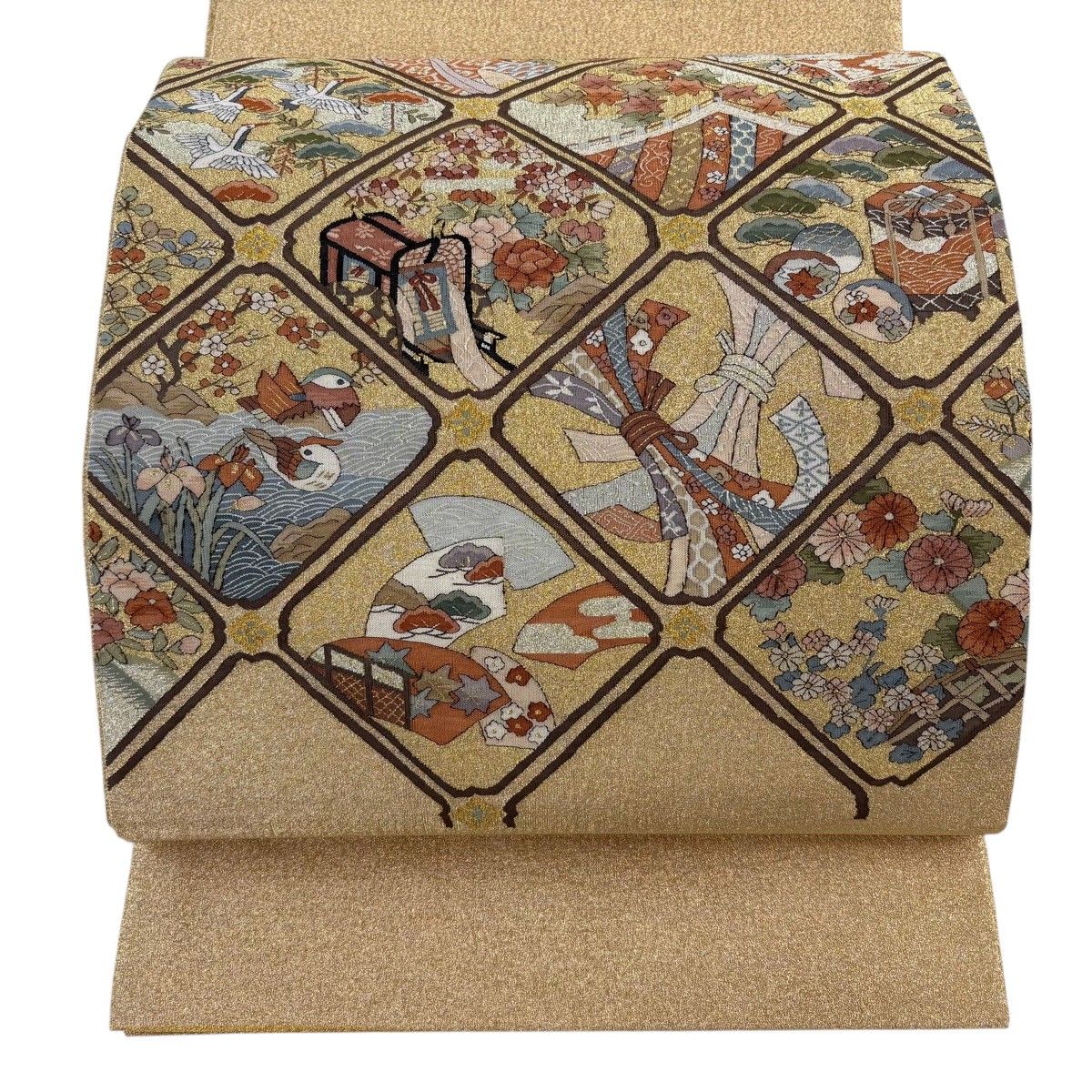 袋帯 逸品 花鳥 御所車 金銀糸 金色 お太鼓柄 正絹 【中古】