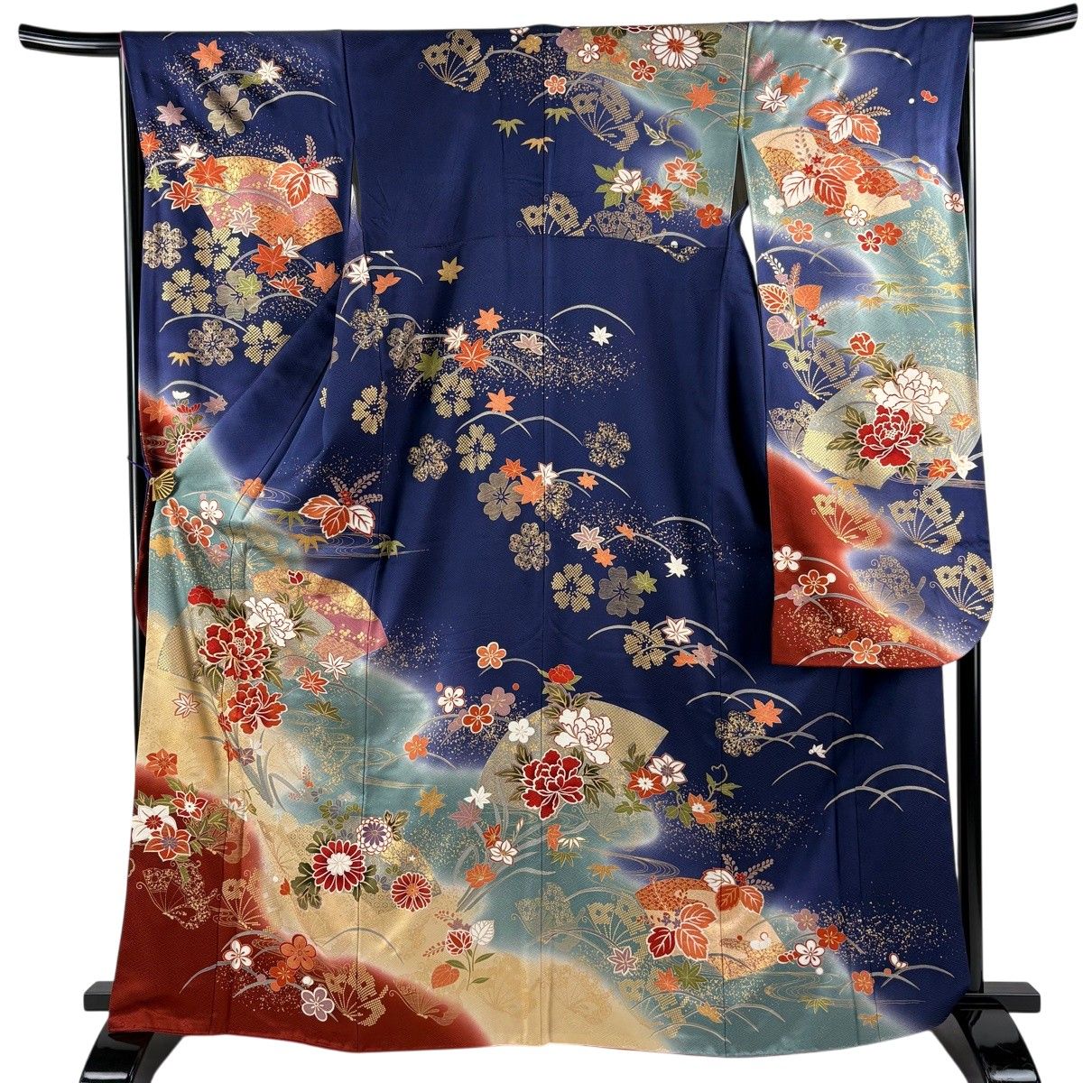 振袖 身丈165.5cm 裄丈66cm M 袷 扇面 草花 金糸 金彩 青紫 正絹 秀品 【中古】